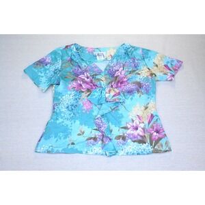 Vintage 90s BFA Classics Womens 10 Turquoise Floral Surplice Blouse Flowing